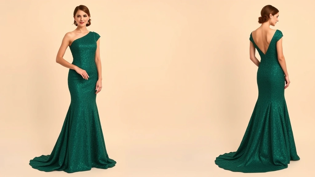 Woman wearing emerald green floor-length sequined gown with asymmetrical neckline, standing against neutral backdrop, confident pose, professional photography, formal elegance