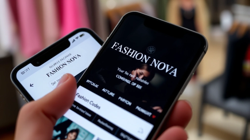 Close-up of smartphone displaying Fashion Nova website with promotional codes visible, hands holding phone, shopping environment aesthetic