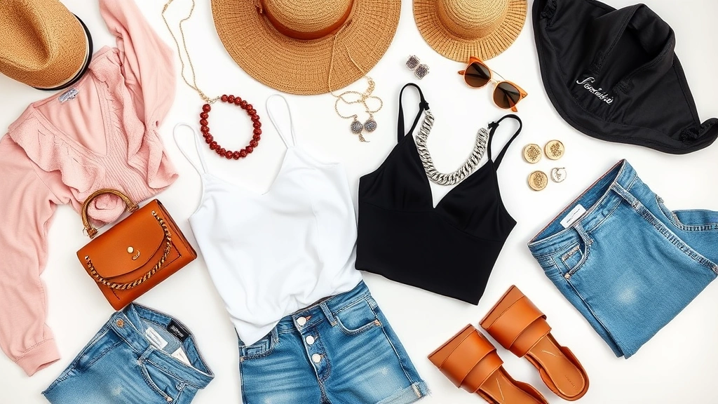 Flat lay of trendy Fashion Nova clothing items arranged artistically with accessories, minimalist styling, natural lighting, fashion editorial style