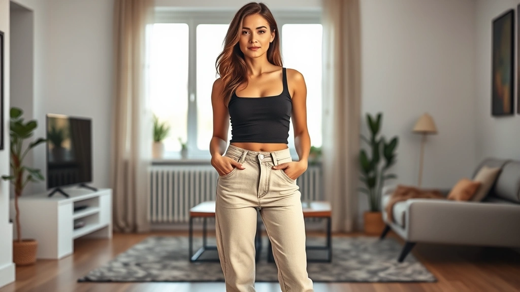 Woman wearing trendy Fashion Nova bodysuit and high-waisted jeans in neutral tones, standing confidently in modern minimalist apartment with natural lighting, demonstrating capsule wardrobe styling basics