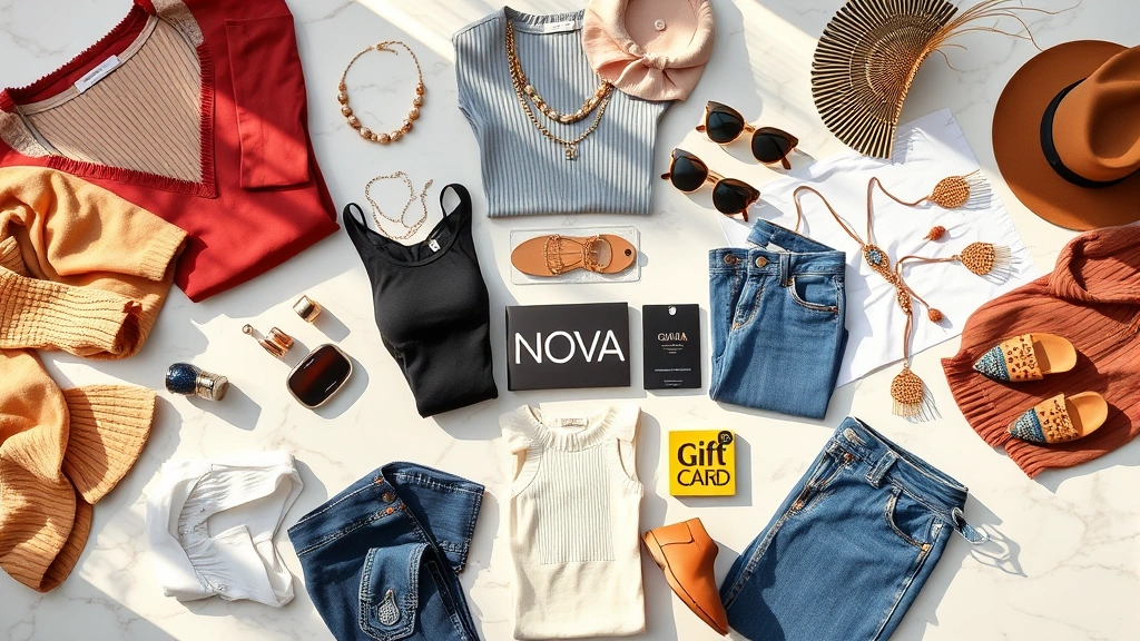 Flat lay composition of Fashion Nova clothing items including basics, accessories, and statement pieces arranged artfully on marble surface with warm natural sunlight, showing gift card shopping diversity