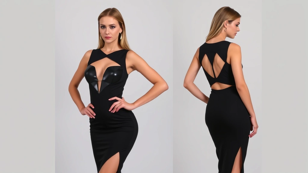 Woman wearing sleek black bodycon dress with strategic cutouts and silver holographic details, confident pose against neutral background, modern Halloween costume styling with minimal jewelry