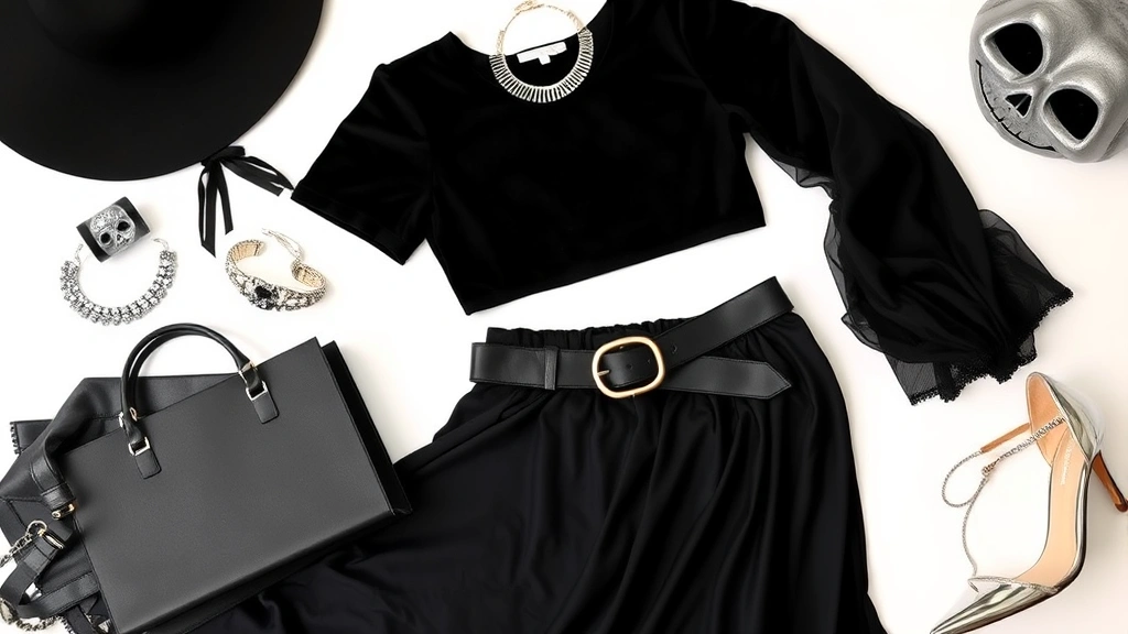 Styled Halloween costume flat lay featuring black crop top, high-waisted skirt, statement belt, metallic heels, and jewelry accessories arranged on white surface, fashion editorial composition
