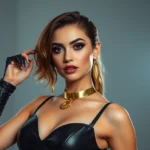 Woman wearing sleek black fitted Halloween costume with gold accessories and confident pose, dramatic makeup, professional lighting, fashion photography style