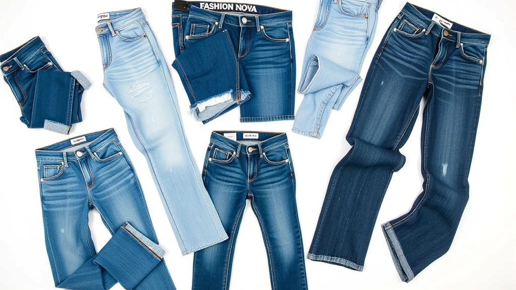 Flat lay arrangement of multiple Fashion Nova jean styles including high-waisted, boyfriend, and flared cuts in various washes and colors on white surface