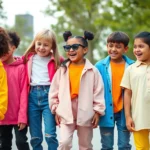 Energetic kids wearing bold, contemporary fashion with vibrant colors and oversized silhouettes, styled for social media moments, diverse group of children laughing outdoors in trendy outfits