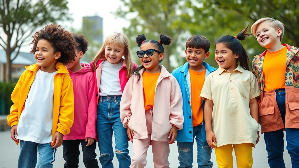 Energetic kids wearing bold, contemporary fashion with vibrant colors and oversized silhouettes, styled for social media moments, diverse group of children laughing outdoors in trendy outfits