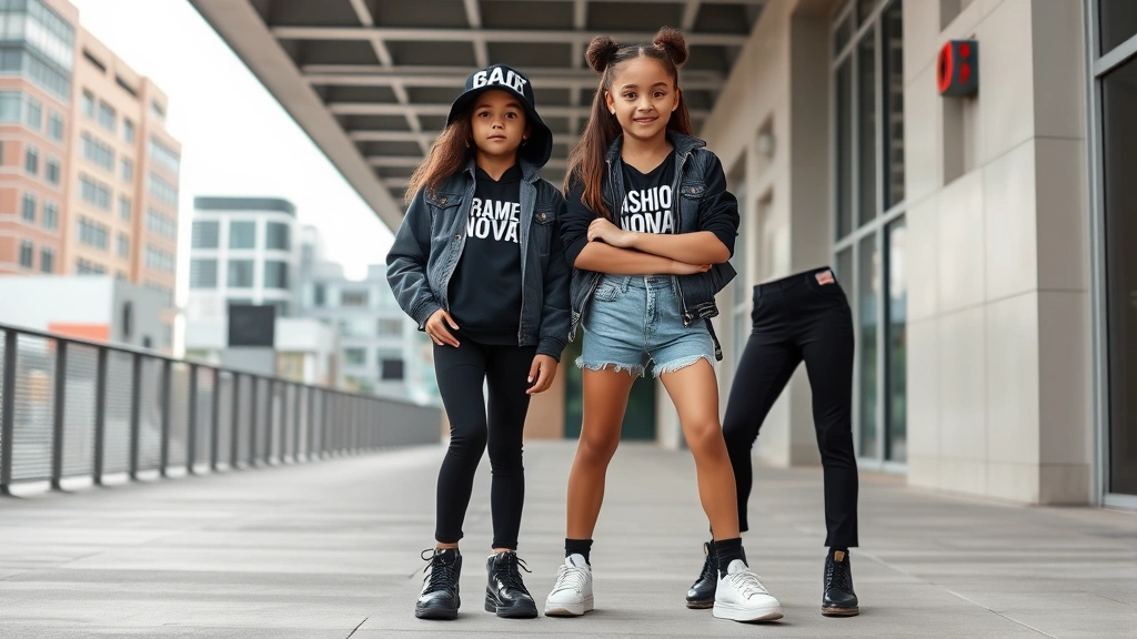 Stylish pre-teen and young teenager posing confidently in coordinated Fashion Nova Kids outfits, modern urban setting, expressive poses showing confidence and personality through clothing