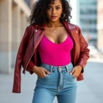 Confident woman wearing form-fitting fuchsia bodysuit with high-waisted jeans and oversized leather jacket, standing in urban setting with natural daylight, showcasing Fashion Nova aesthetic with bold confidence and curves-celebrating silhouette
