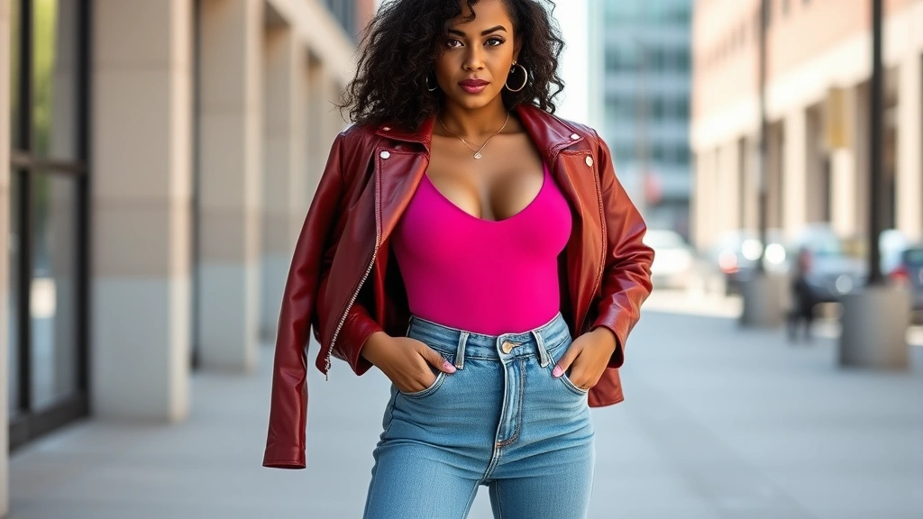 Confident woman wearing form-fitting fuchsia bodysuit with high-waisted jeans and oversized leather jacket, standing in urban setting with natural daylight, showcasing Fashion Nova aesthetic with bold confidence and curves-celebrating silhouette