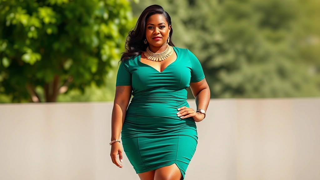A confident plus-size woman wearing a fitted emerald green bodycon dress with strategic ruching, standing in natural sunlight with bold gold jewelry layered on her wrists and neck, wearing pointed-toe heels, exuding powerful confidence with professional makeup and styled hair