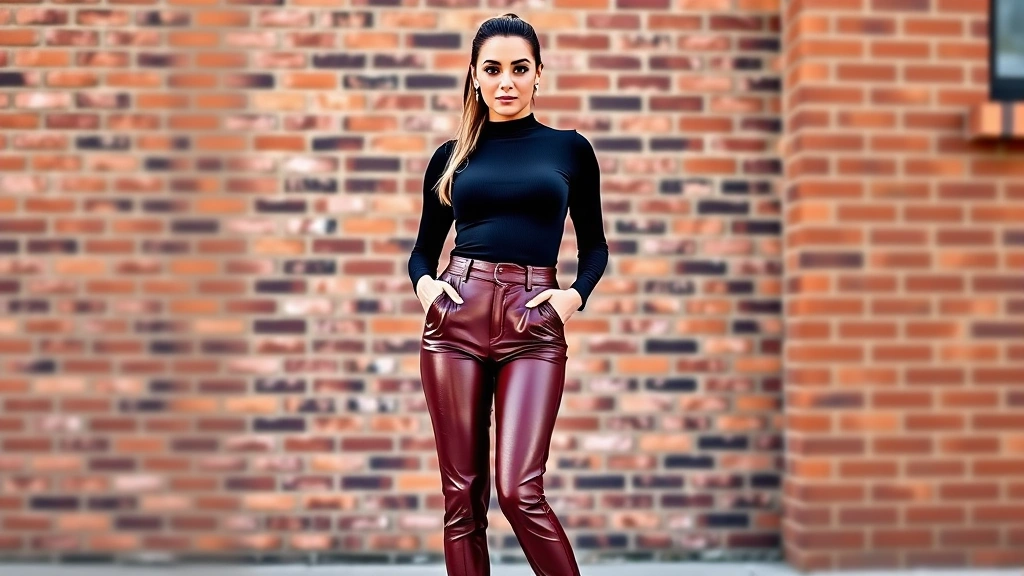 Woman wearing fitted black Fashion Nova bodysuit with high-waisted burgundy leather pants, metallic gold heels, standing confidently against urban brick backdrop, professional makeup and sleek ponytail, natural daylight