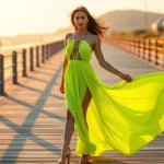 A fashion-forward woman wearing a vibrant neon electric lime maxi dress with strategic cutouts, standing confidently on a sunlit beach boardwalk, golden hour lighting, barefoot with statement gold jewelry, wind flowing through fabric, photorealistic summer fashion editorial style