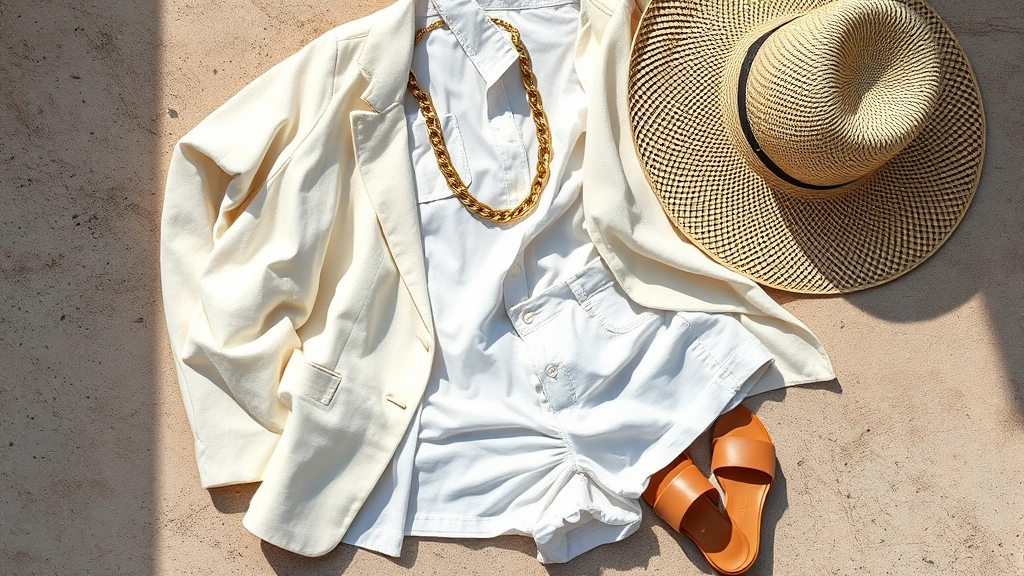 Overhead flat lay of summer 2025 fashion essentials: oversized linen blazer in cream, white button-down shirt, sustainable cotton shorts, strappy sandals, chunky gold chain necklace, wide-brimmed straw hat, natural materials and textures, bright daylight composition, fashion styling photography