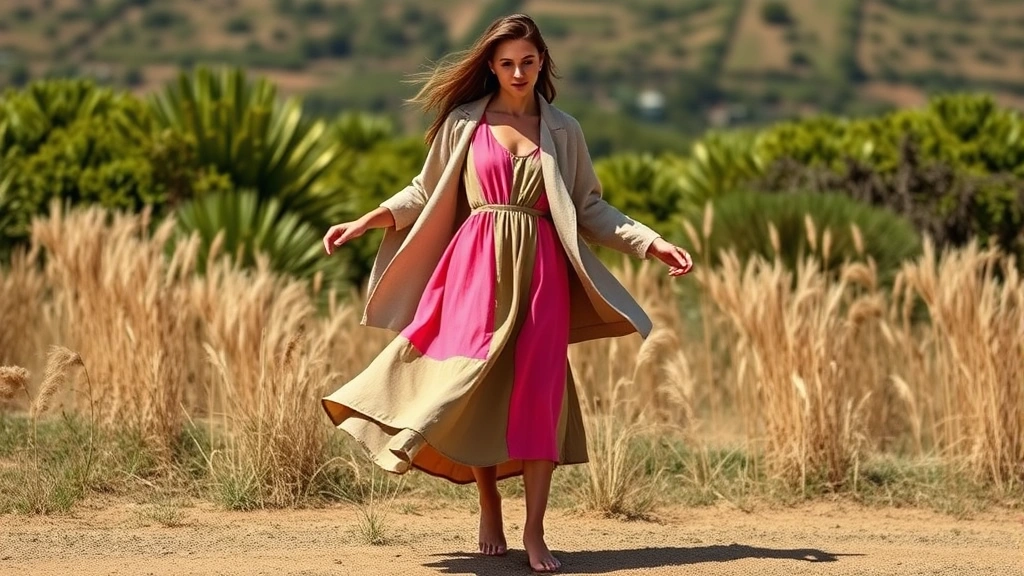 Model showcasing sustainable eco-friendly summer outfit: flowing midi dress in organic cotton with neon pink panels, paired with oversized neutral linen jacket, barefoot on natural background, embodying ethical fashion movement, confident pose, natural lighting, contemporary fashion editorial