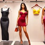Fashion Nova clothing collection display showing trendy bodycon dresses, crop tops, and statement pieces in various bold colors and styles, high-quality product photography, modern retail aesthetic