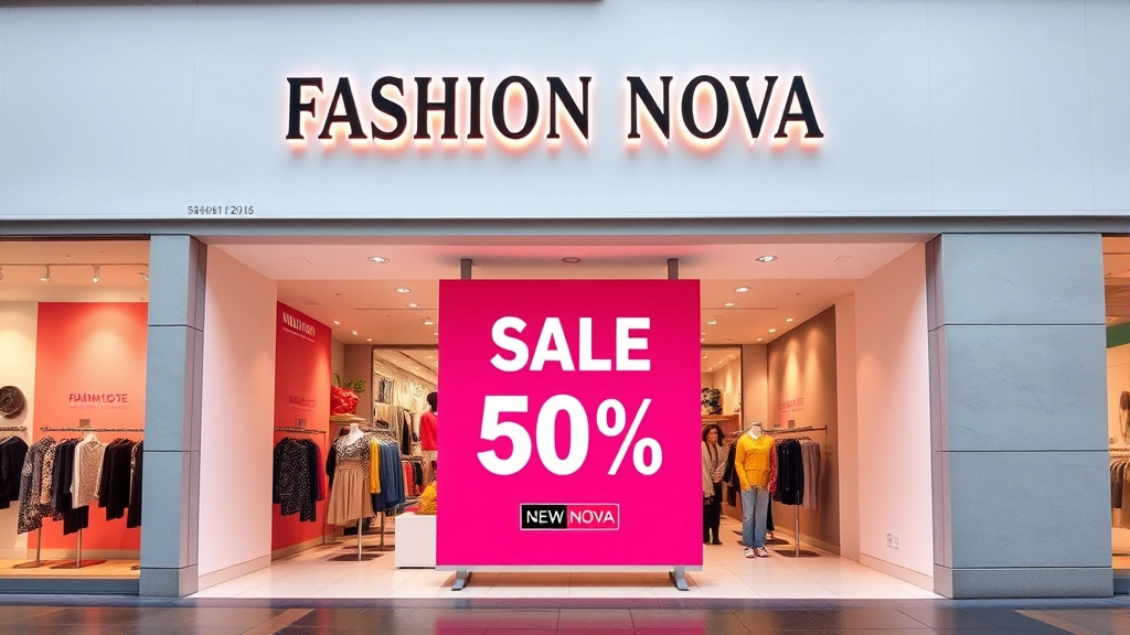 Fashion Nova storefront or digital interface showing promotional banner with sale percentage, modern retail design, shopping context, vibrant colors