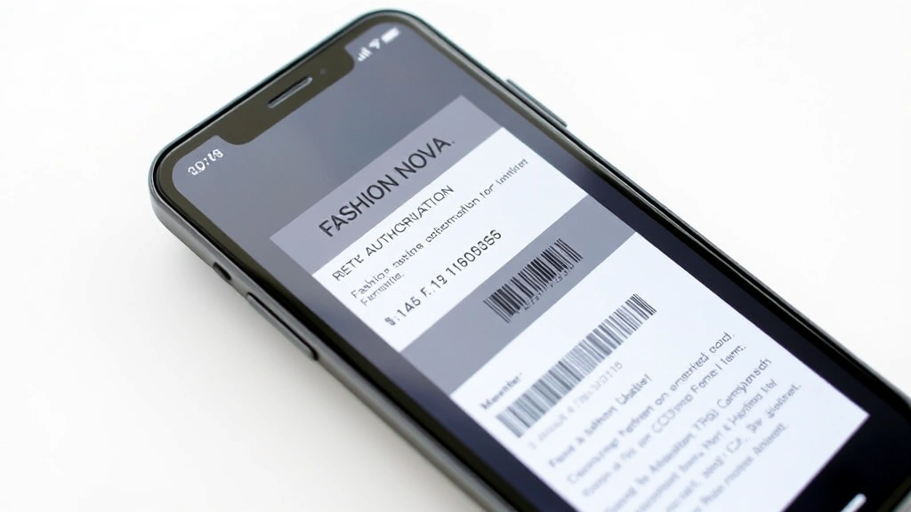 Smartphone screen displaying Fashion Nova return authorization label and tracking information, package ready for shipment on white surface, photorealistic mobile interface