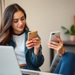 Young woman in trendy Fashion Nova outfit checking smartphone for package tracking information, sitting at modern home desk with laptop, natural daylight, fashion-forward styling, confident expression