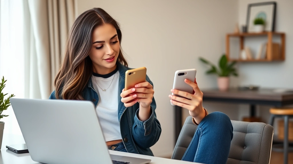 Young woman in trendy Fashion Nova outfit checking smartphone for package tracking information, sitting at modern home desk with laptop, natural daylight, fashion-forward styling, confident expression