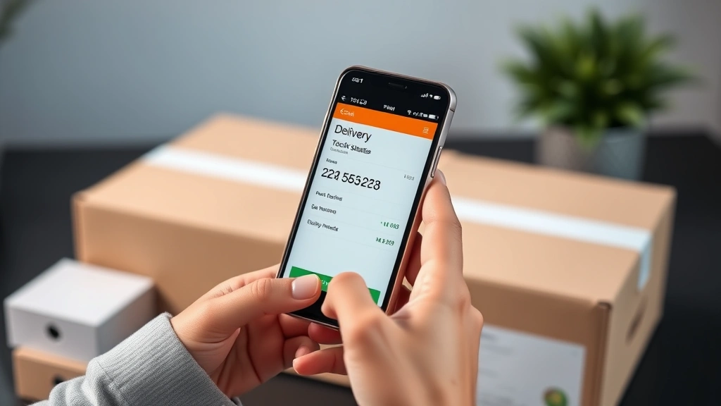 Close-up of hands holding smartphone displaying tracking number and delivery status on screen, shipping box visible in background, modern minimalist aesthetic, professional photography