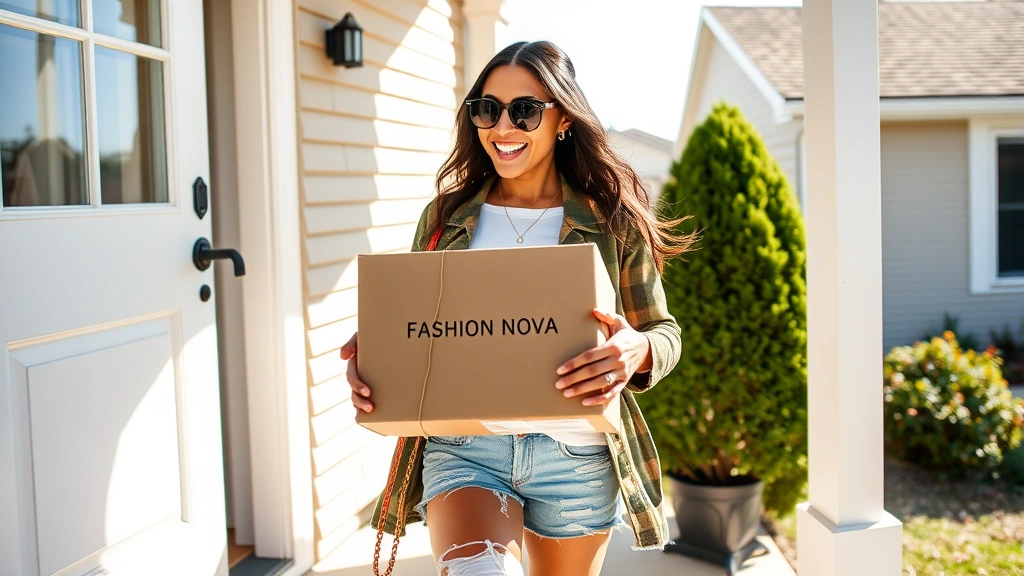 Fashion-forward individual receiving Fashion Nova package at doorstep, wearing stylish clothing, genuine excitement, sunny day, suburban setting, authentic delivery moment captured