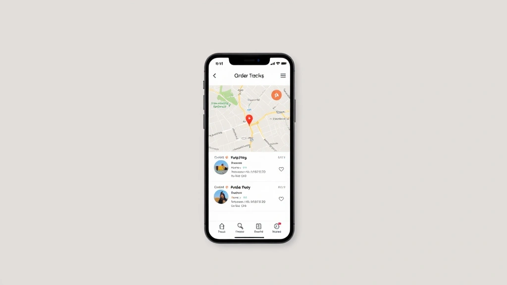 Smartphone screen displaying order tracking interface with map showing package location, real-time delivery updates visible, minimalist aesthetic with fashion brand colors, professional product photography style