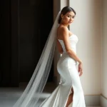 Bride wearing sleek, form-fitting white satin wedding dress with dramatic side cutout, standing confidently with modern bridal aesthetic, professional photography, natural lighting, elegant pose