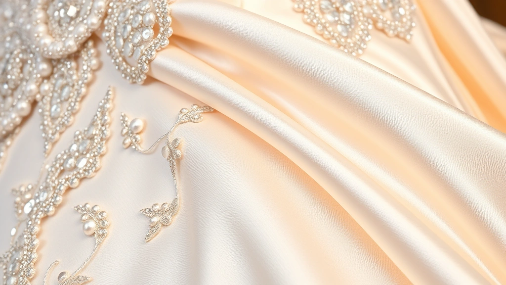 Close-up of luxurious wedding dress fabric showing sequin embellishments and satin texture, shimmering details catching light beautifully, high-quality bridal material