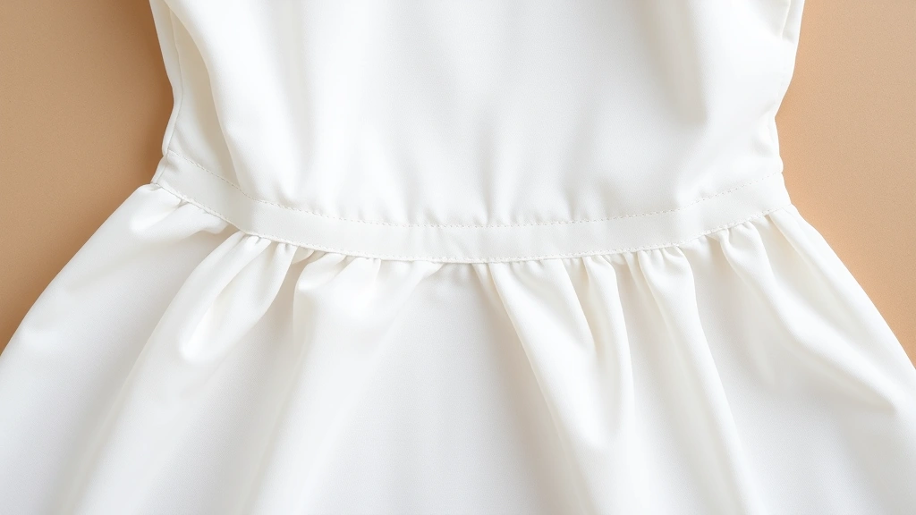 Flat lay of white dress fabric textures showing seam construction detail, close-up of quality stitching and material composition, professional product photography, neutral background