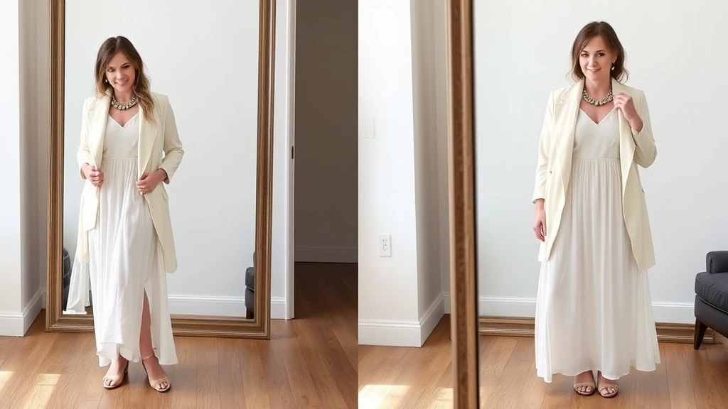 Woman styling white maxi dress with oversized blazer and statement jewelry, full-length mirror shot, modern interior setting, demonstrating layering versatility, natural daylight