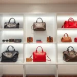 Luxury designer handbags and accessories displayed on elegant white shelving in a high-end boutique, soft natural lighting, professional retail environment, fashion-forward aesthetic