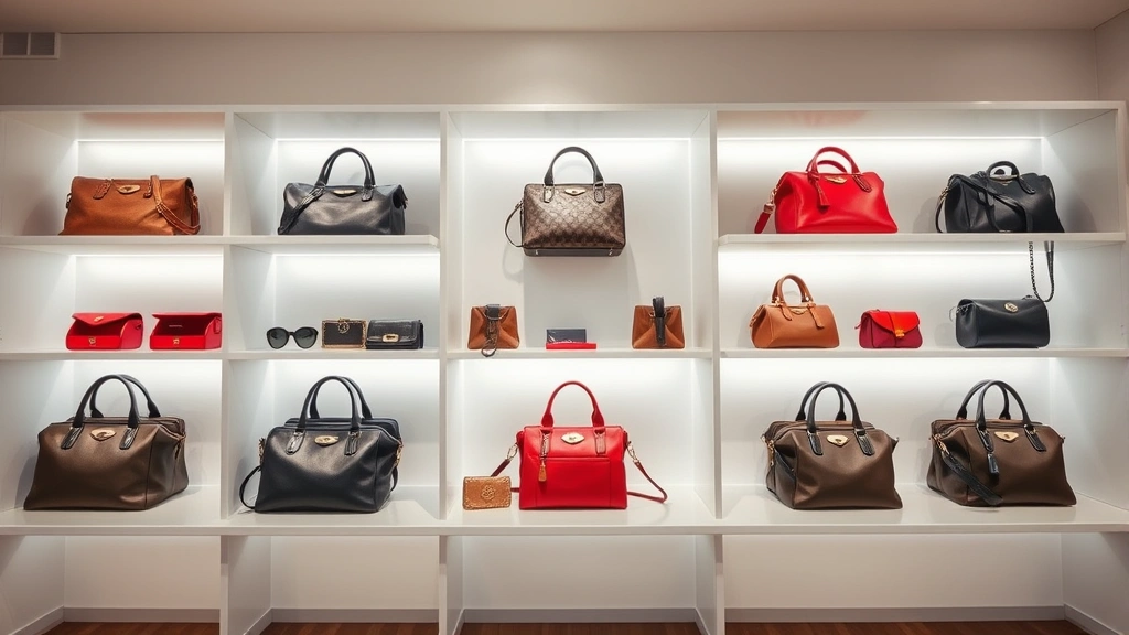 Luxury designer handbags and accessories displayed on elegant white shelving in a high-end boutique, soft natural lighting, professional retail environment, fashion-forward aesthetic