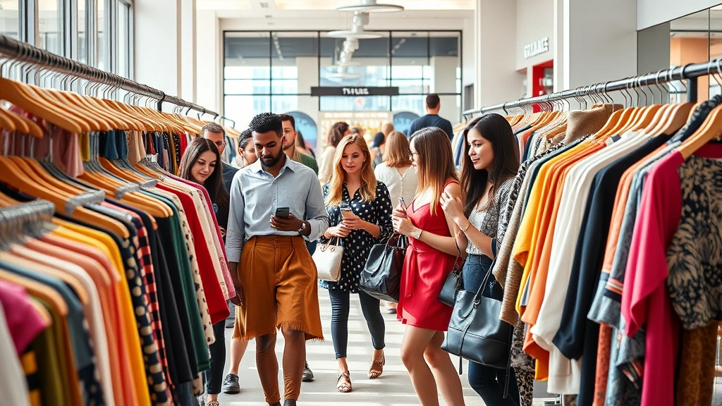 Diverse group of stylish shoppers browsing colorful clothing racks in a modern outlet store, natural daylight, contemporary retail space, fashion-conscious individuals examining garments