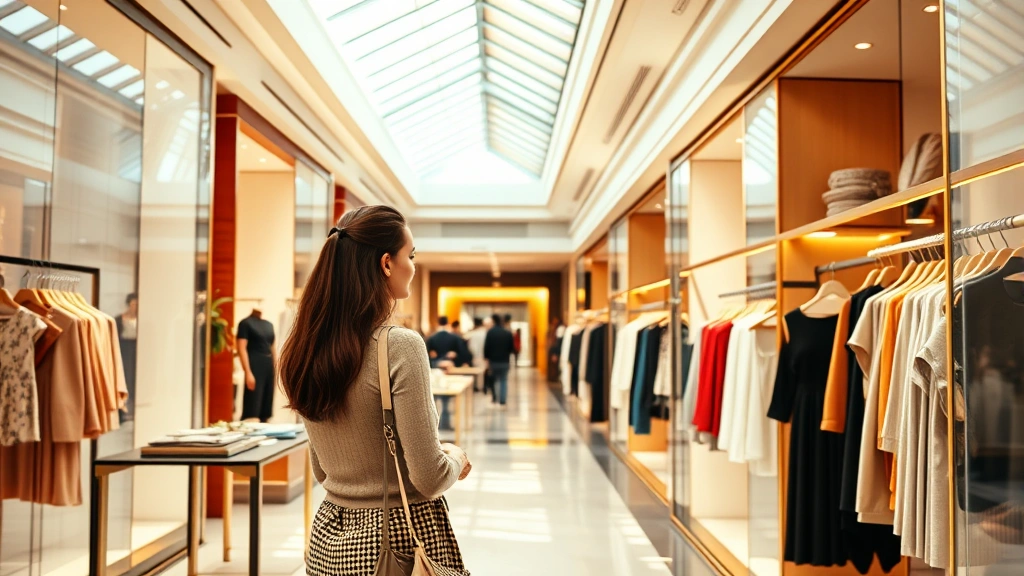 Woman browsing luxury fashion boutique during quiet morning shopping hours, natural daylight through mall skylights, elegant clothing displays, peaceful atmosphere