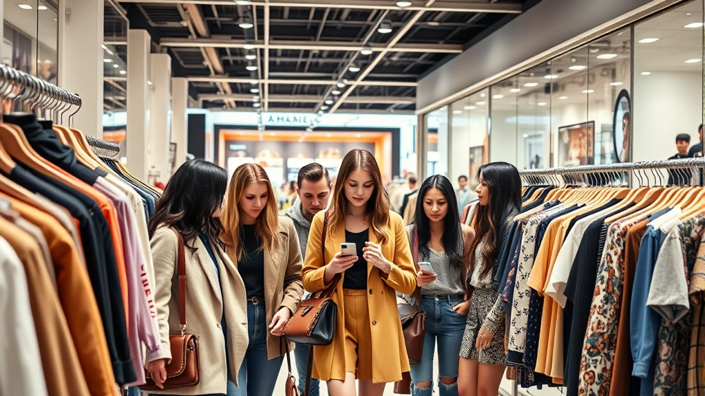 Group of fashionable shoppers examining trendy clothing racks in modern mall store, bright lighting, contemporary retail environment, diverse style expressions