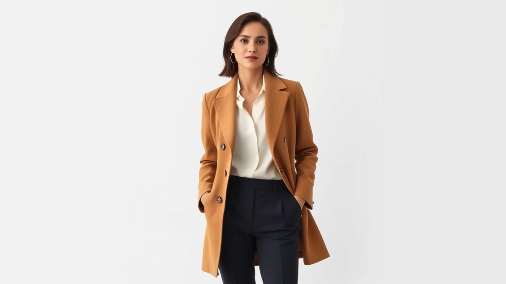 Elegant woman wearing tailored camel coat, white silk blouse, and dark trousers, standing against minimalist white background, exuding sophisticated confidence and timeless style