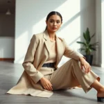 High-fashion editorial photograph showing a confident woman in an elegant minimalist outfit with neutral tones, sitting gracefully in a modern interior space with natural lighting
