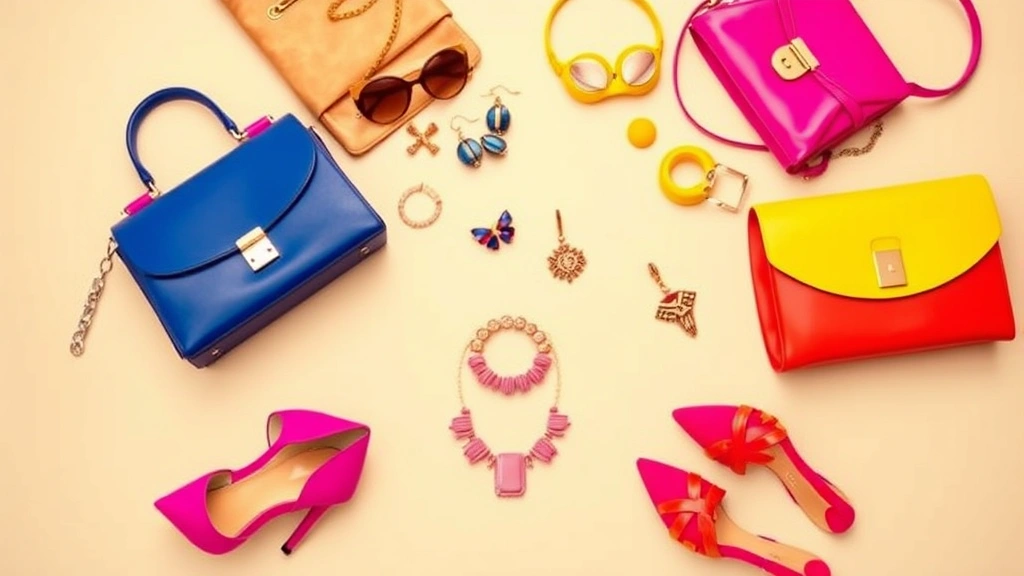 Vibrant fashion flat-lay composition featuring bold-colored designer accessories, luxury handbags, statement jewelry, and shoes arranged artistically on a neutral background
