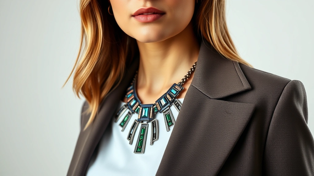 Close-up portrait of a fashionable person wearing a tailored blazer and statement necklace, embodying confidence and personal style, natural studio lighting