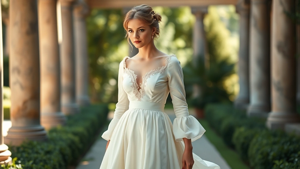 Woman wearing flowing empire-waist gown in soft cream muslin with delicate lace trim at neckline, long fitted sleeves, standing in sunlit garden with classical stone columns, hair in romantic updo with subtle hair ornaments, embodying refined Regency elegance and grace