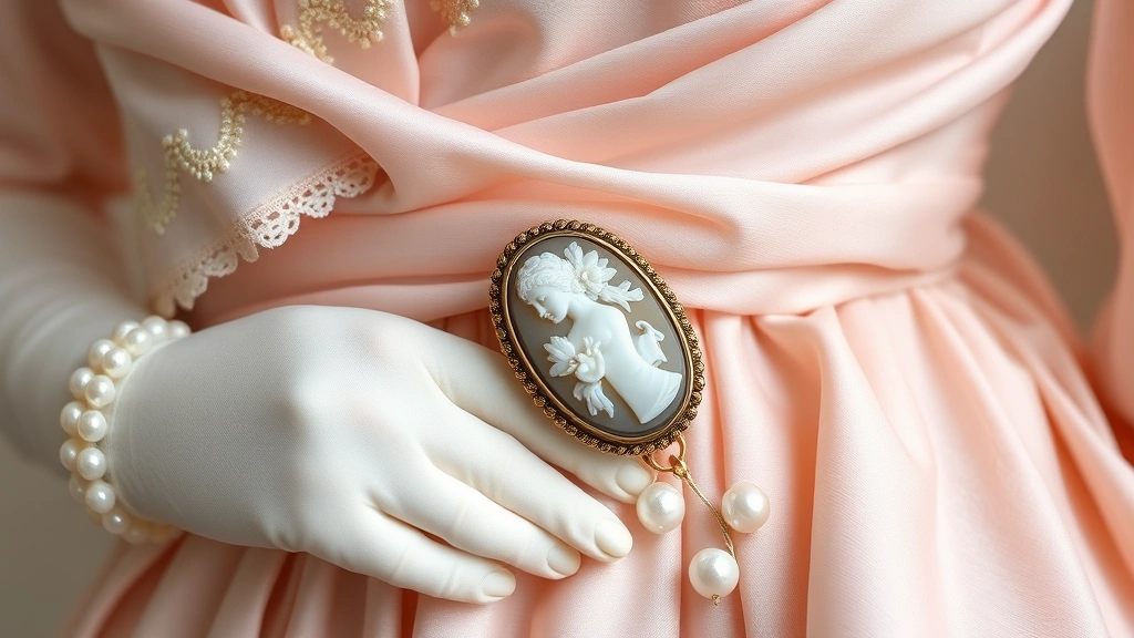 Close-up of intricate Regency-era fashion details: delicate embroidered trim on pale pink silk, tiny pearl beading, soft drapery of lightweight fabric, long white glove, ornate cameo brooch, and subtle floral embellishment showcasing period craftsmanship