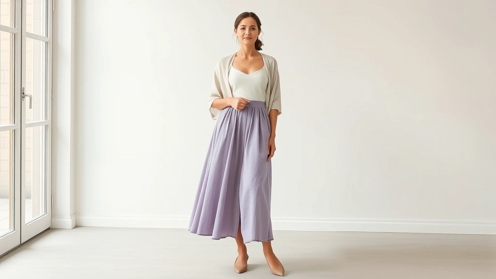 Modern woman in contemporary Regency-inspired outfit: high-waisted flowing midi skirt in lavender, fitted white linen top, soft shawl, delicate ballet flats, standing in minimalist modern interior, demonstrating how historical aesthetics translate authentically to modern wardrobes and lifestyle