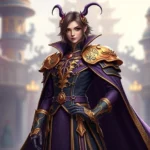 A glamorous FFXIV character wearing an elaborate purple and gold noble outfit with ornate accessories and a flowing coat, standing in a refined pose against a soft-focus fantasy background