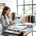 Professional woman in modern office reviewing designer portfolio and fabric swatches on glass desk, natural lighting, sophisticated minimalist workspace, fashion business setting