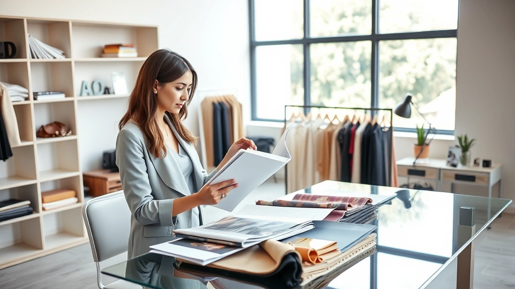 Professional woman in modern office reviewing designer portfolio and fabric swatches on glass desk, natural lighting, sophisticated minimalist workspace, fashion business setting