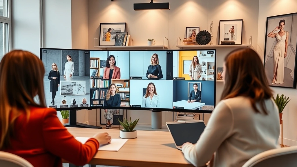Fashion representative on video call with international clients, multiple screens showing design presentations and trend boards, modern home office with style inspiration on walls