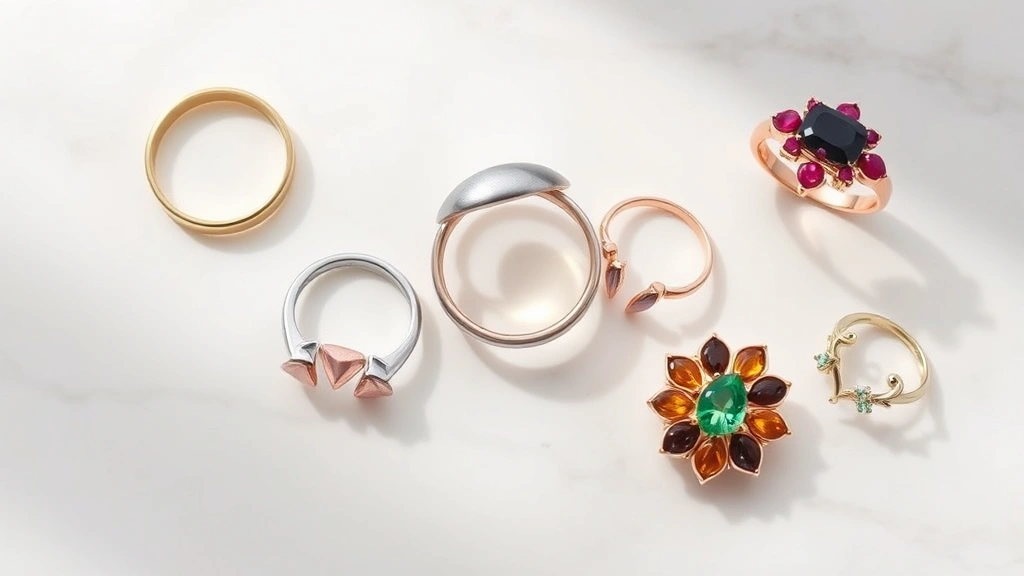 Flat lay photography of five diverse fashion rings in different styles including minimalist gold band, chunky silver signet ring, stacked rose gold rings, colorful gemstone cocktail ring, and nature-inspired botanical design ring arranged on white marble surface with soft natural lighting