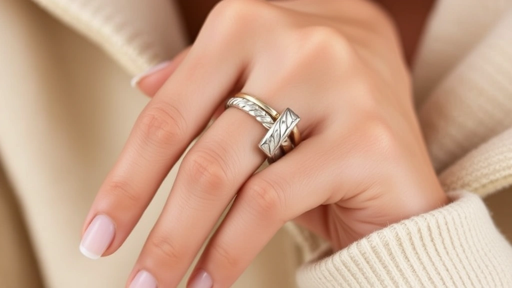 Close-up detail shot of hands wearing layered fashion rings in mixed metals including white gold, rose gold, and platinum with various widths and textures, showing how to style multiple rings together, photographed against neutral background