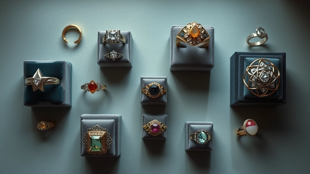 Overhead view of an elegant collection of designer fashion rings displayed on velvet jewelry stands including architectural geometric pieces, vintage-inspired designs, and contemporary statement rings in different metals and gemstones, professionally lit for luxury jewelry photography